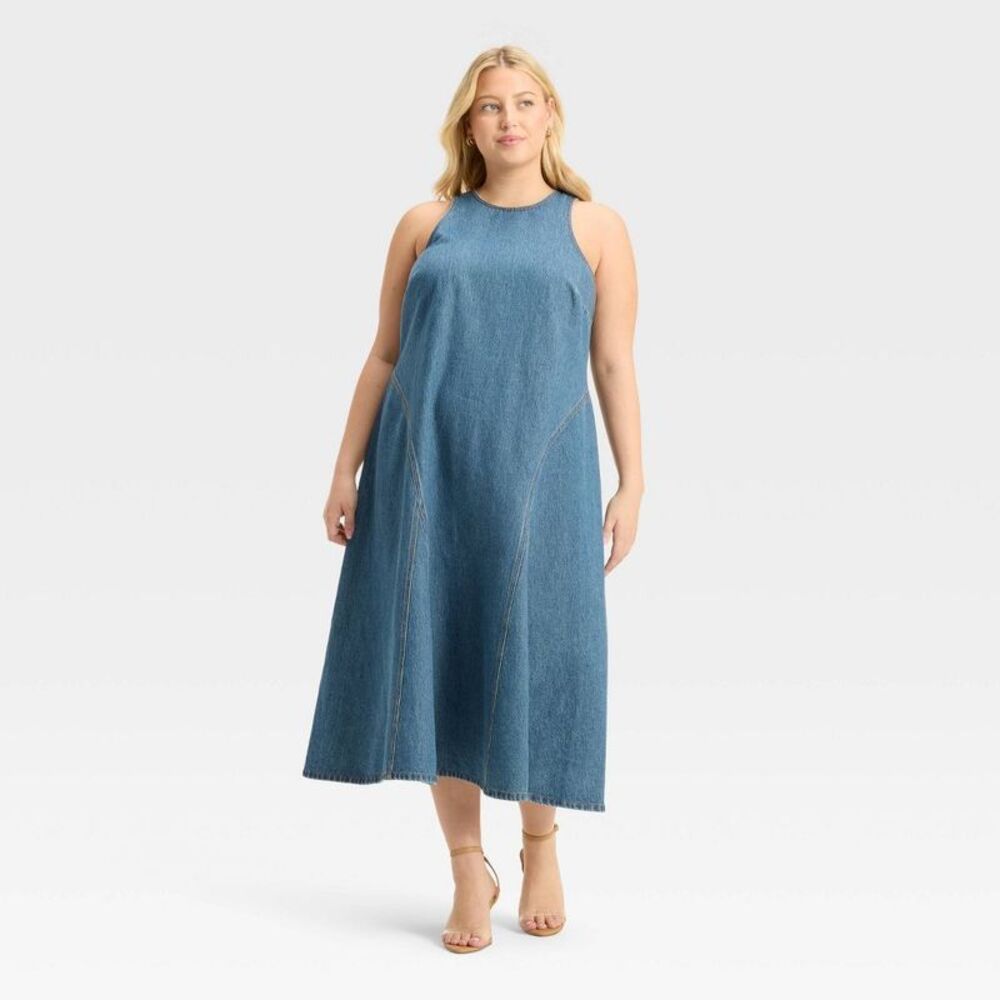 NWT Women's Racerback Denim Midi A-Line Dress - Future Medium Wash